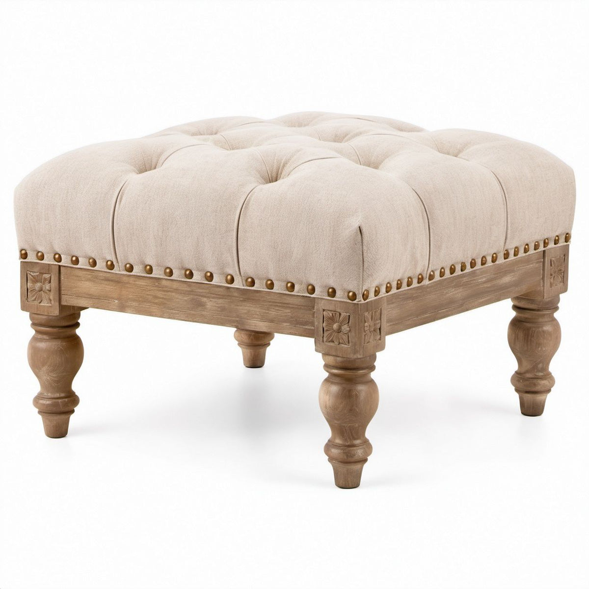 Quadratischer Fußhocker Beige mit Polyesterbezug und Kiefernholzgestell, 91 x 91 x 48 cm