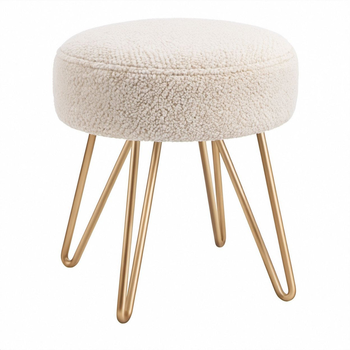 Runder Hocker aus cremefarbenem Polyester-Bouclé mit goldfarbenen Stahlbeinen, Ø 40 x 45 cm