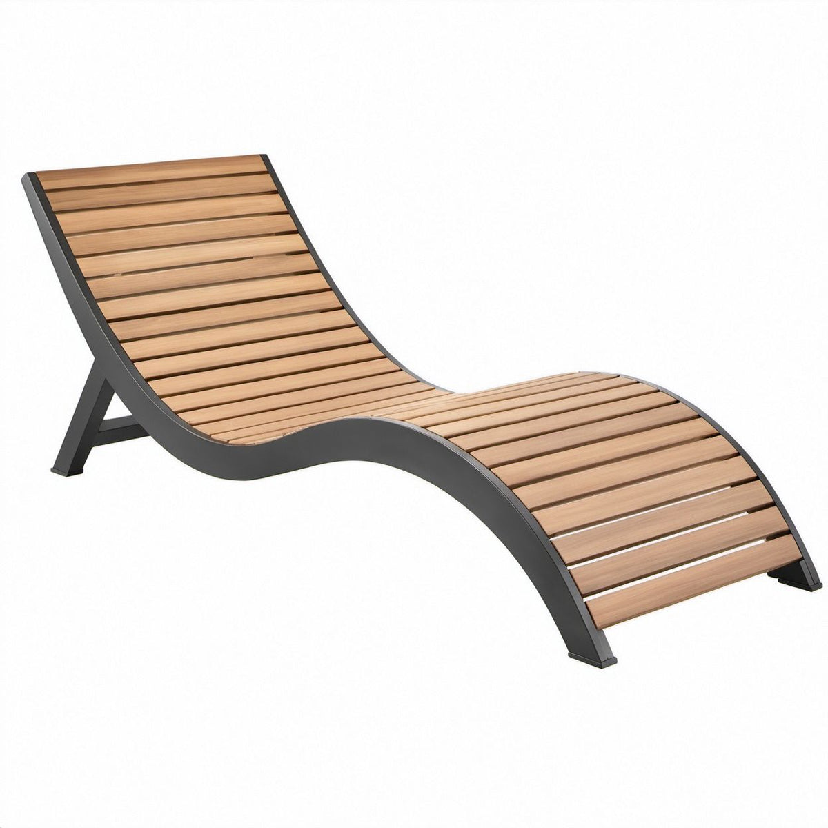 Geschwungene Sonnenliege aus Aluminium und Massivholz, Braun/Schwarz, 190 x 65 x 75 cm