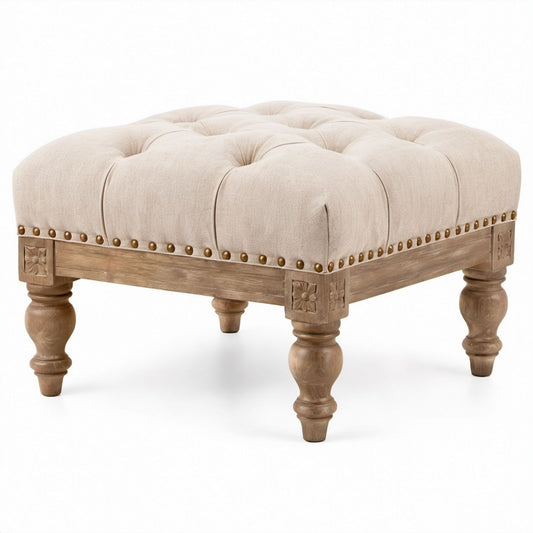 Quadratischer Fußhocker Beige mit Polyesterbezug und Kiefernholzgestell, 91 x 91 x 48 cm