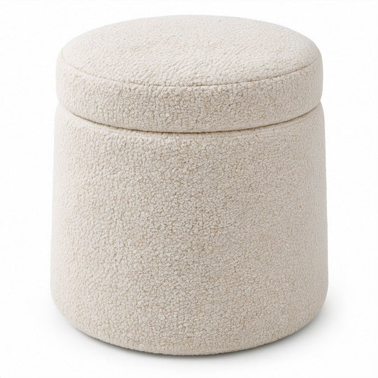 Runder Aufbewahrungshocker aus Creme-Polyester-Bouclé, Ø 40 x 45 cm