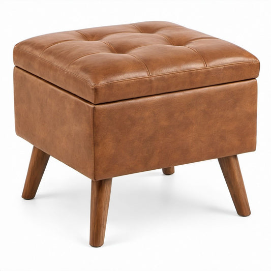 Quadratischer Hocker aus cognacbraunem PU-Kunstleder mit Massivholzbeinen, 45 x 45 x 45 cm