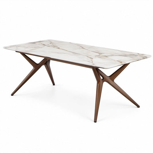 Rechteckiger Esstisch aus Sinterstein und Walnussholz, Weiß/Grau/Beige/Braun, 180 x 90 x 75 cm