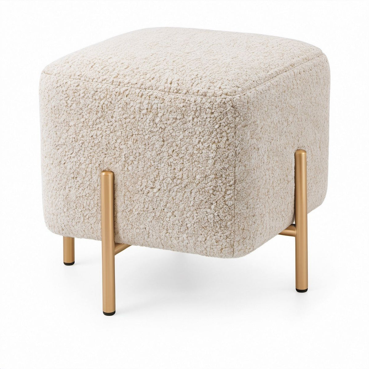 Quadratischer Fußhocker aus Creme-Bouclé mit goldfarbenen Stahlbeinen, 45 x 45 x 45 cm