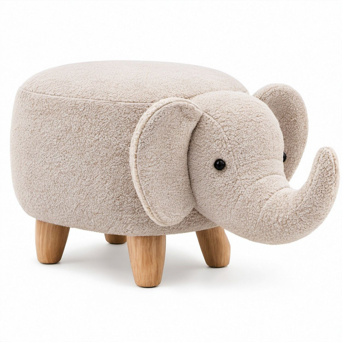 Elefanten-Hocker aus beigem Polyester-Bouclé mit Buchenholzbeinen, 60 x 35 x 36 cm