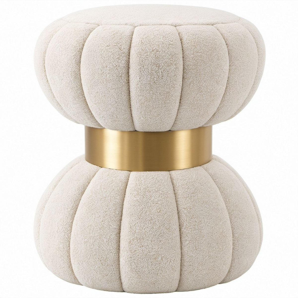 Runder Polsterhocker aus Creme-Bouclé mit goldfarbenem Stahlfuß, Ø 45 x H 45 cm
