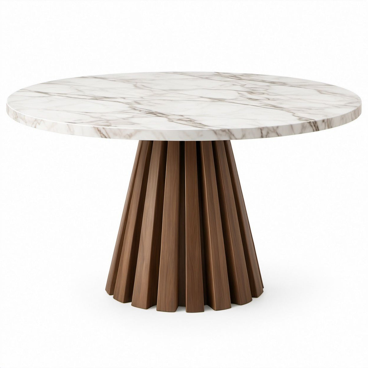 Runder Esstisch Ø 120 x 75 cm in Weißer Marmoroptik mit Walnussbraunem MDF-Säulenfuß