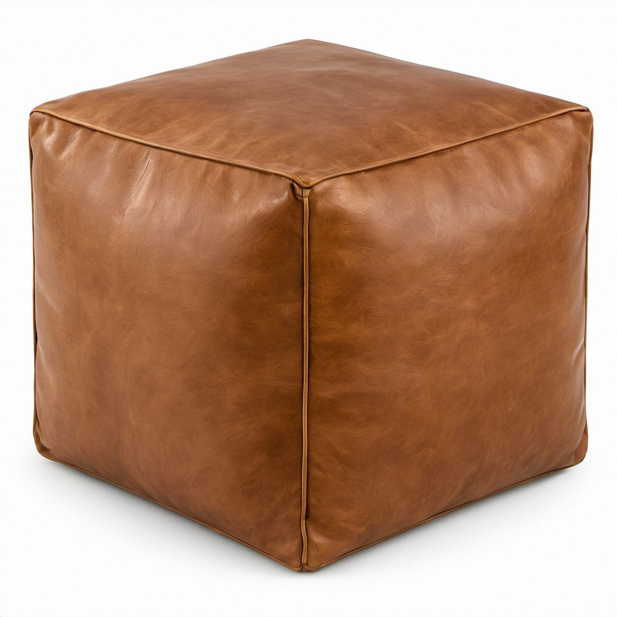 Fußhocker in Würfelform aus cognacbraunem PU-Kunstleder, 50 x 50 x 45 cm