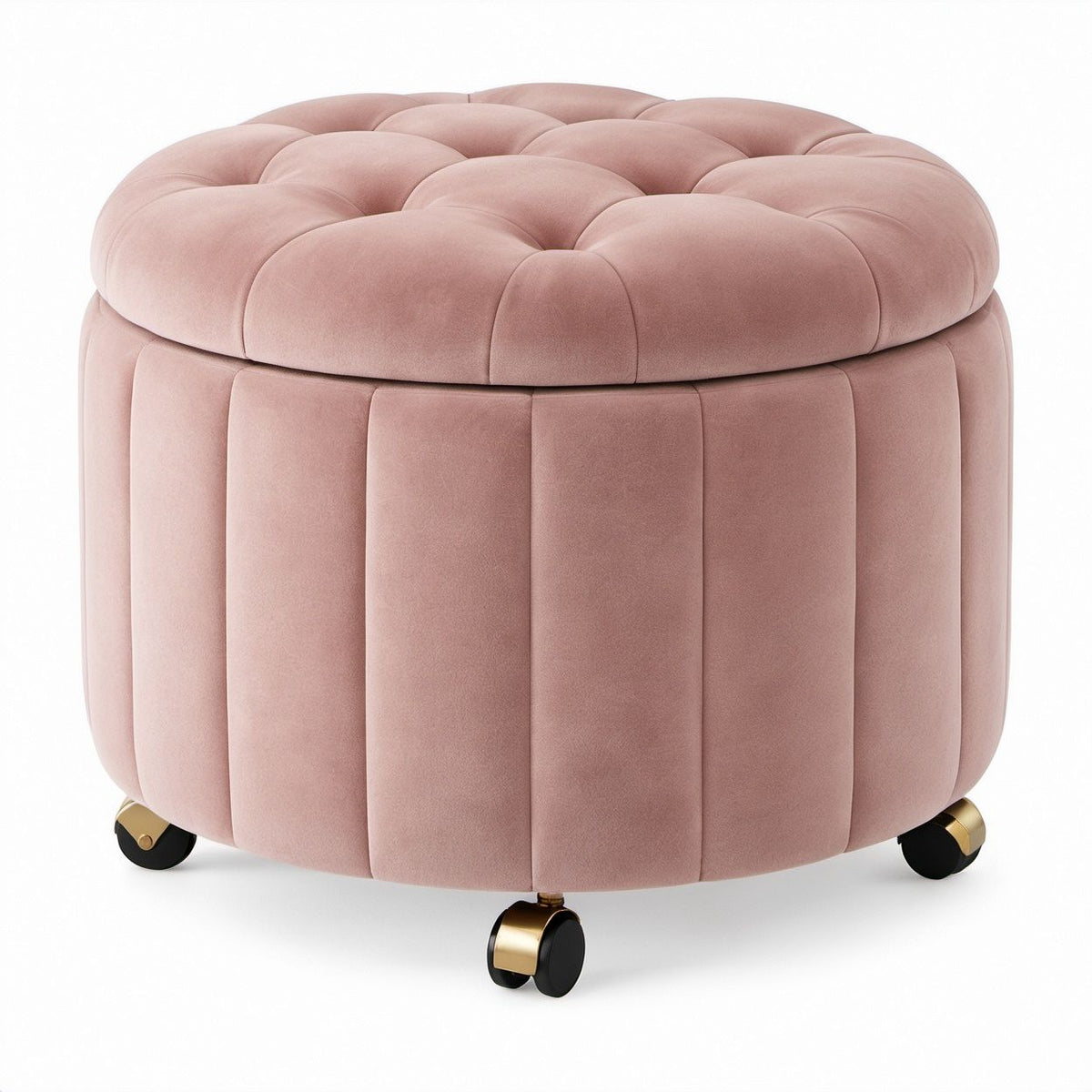 Runder rollbarer Sitzhocker mit Stauraum, Samtbezug in Rosa, Ø 60 cm, Höhe 45 cm
