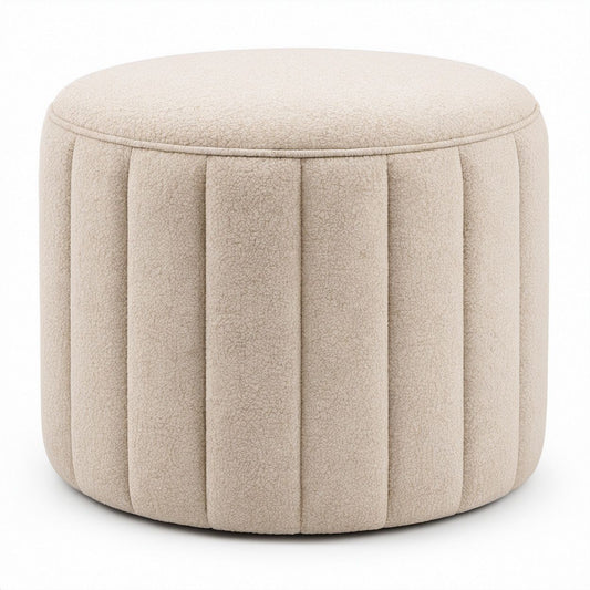 Runder Polsterhocker aus Polyester-Bouclé in Creme, Ø 40 x H 45 cm