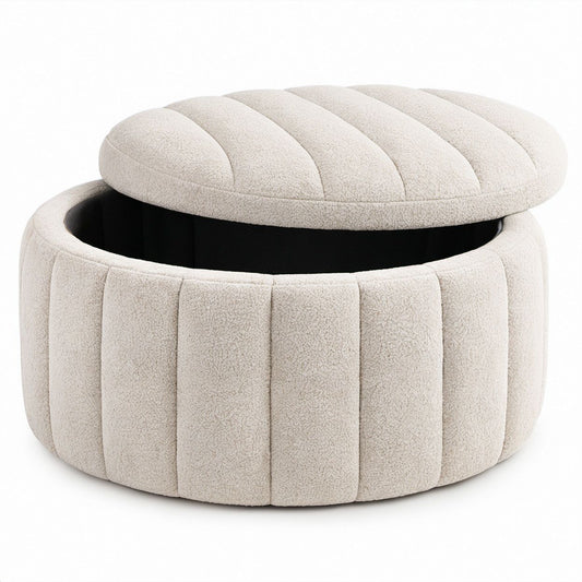Runder Bouclé-Sitzhocker mit Stauraum, Creme, Ø 60 x 40 cm