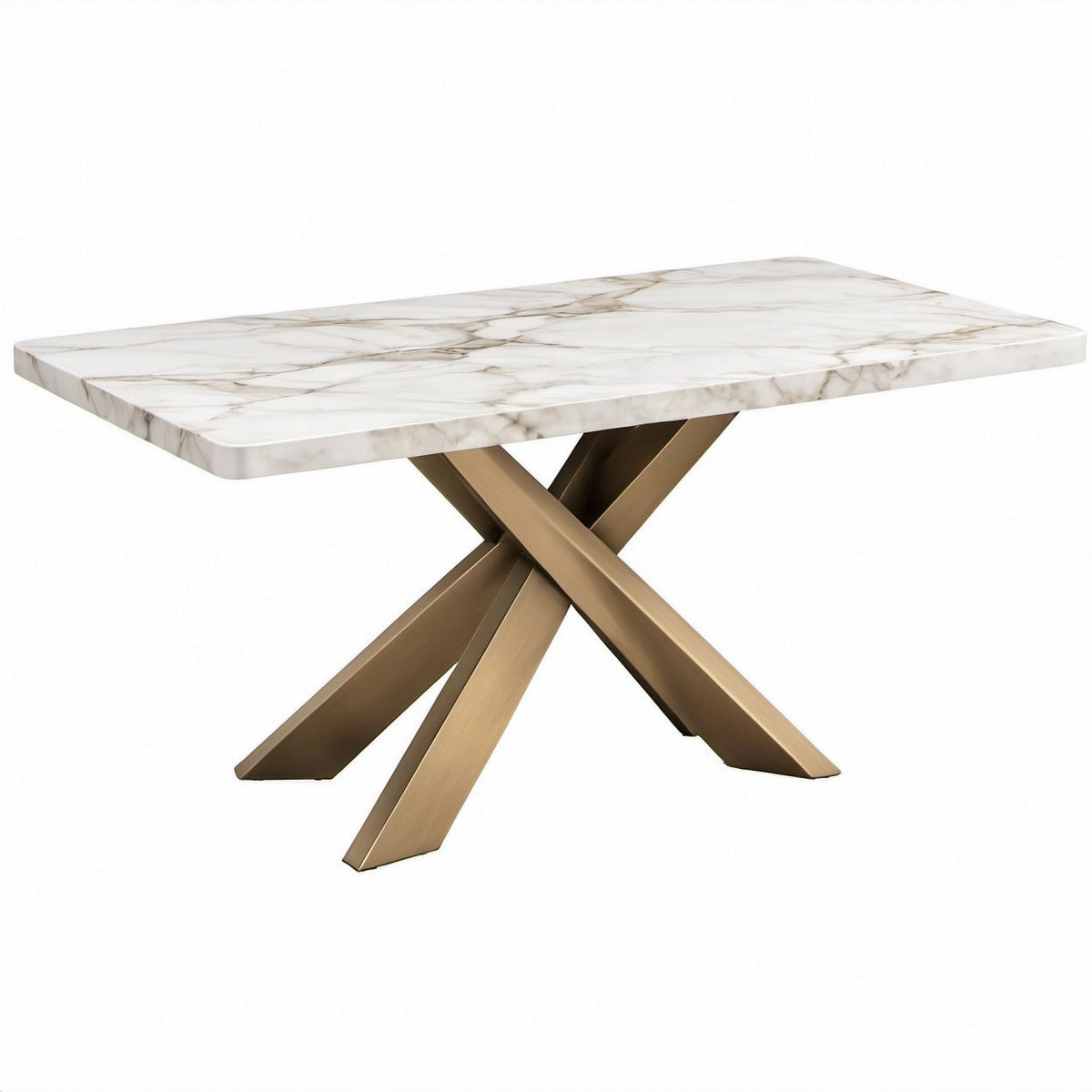 Rechteckiger Esstisch 180 x 90 x 75 cm mit Sintersteinplatte in Weiß-Grau und Edelstahlgestell in Gold