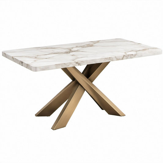 Rechteckiger Esstisch 180 x 90 x 75 cm mit Sintersteinplatte in Weiß-Grau und Edelstahlgestell in Gold