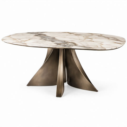 Runder Esstisch aus Keramik und Edelstahl, Weiß/Braun/Grau/Bronze, Ø 150 x 75 cm