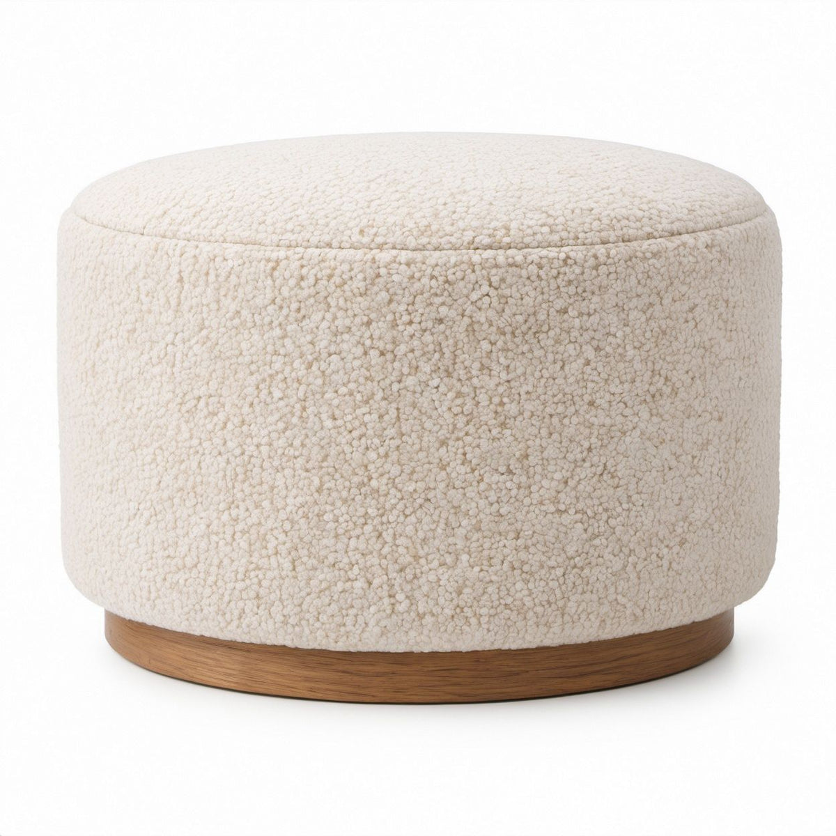 Runder Polsterhocker aus Creme-Polyester-Bouclé mit Eichenfurnier-Sockel, Ø 60 × 45 cm