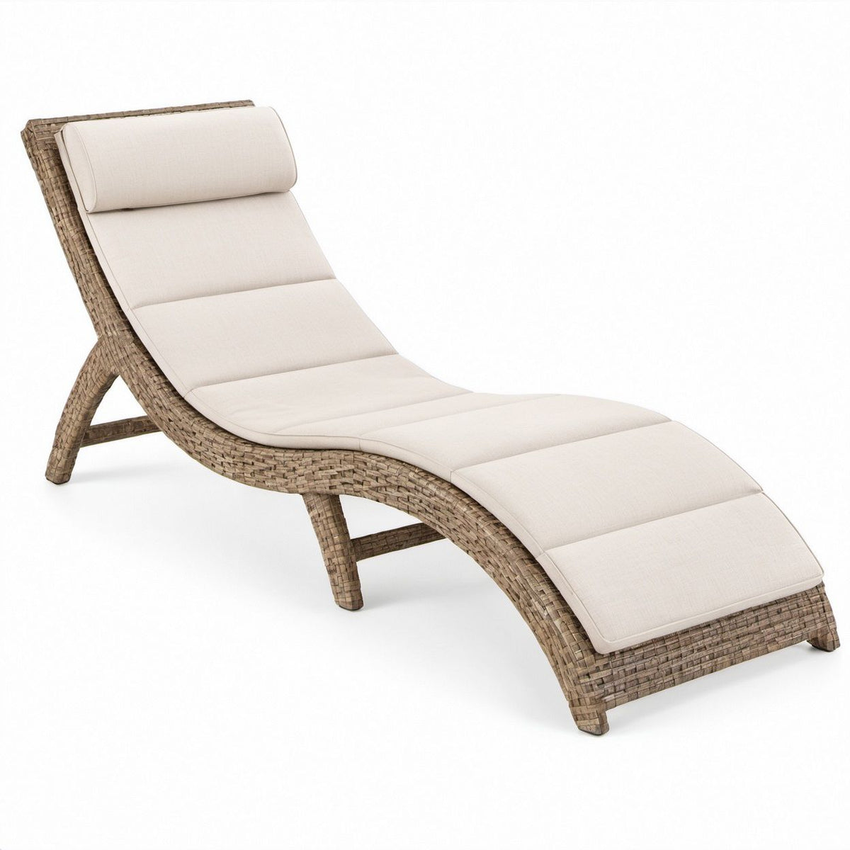Geschwungene Gartenliege aus PE-Rattan in Taupe mit beiger Polyesterauflage, 200 x 70 x 70 cm