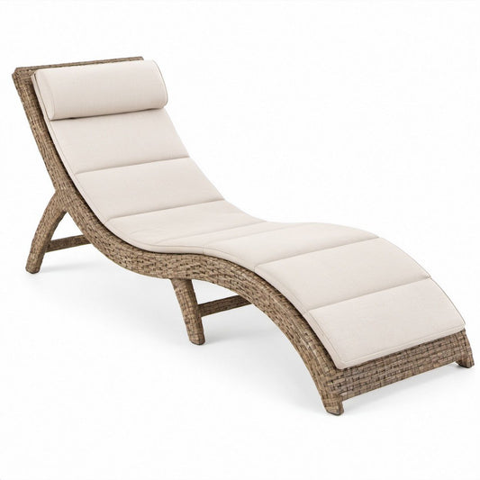 Geschwungene Gartenliege aus PE-Rattan in Taupe mit beiger Polyesterauflage, 200 x 70 x 70 cm