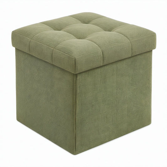 Quadratischer Sitzhocker mit Stauraum und gepolstertem Deckel, Olivgrün, 38 x 38 x 38 cm
