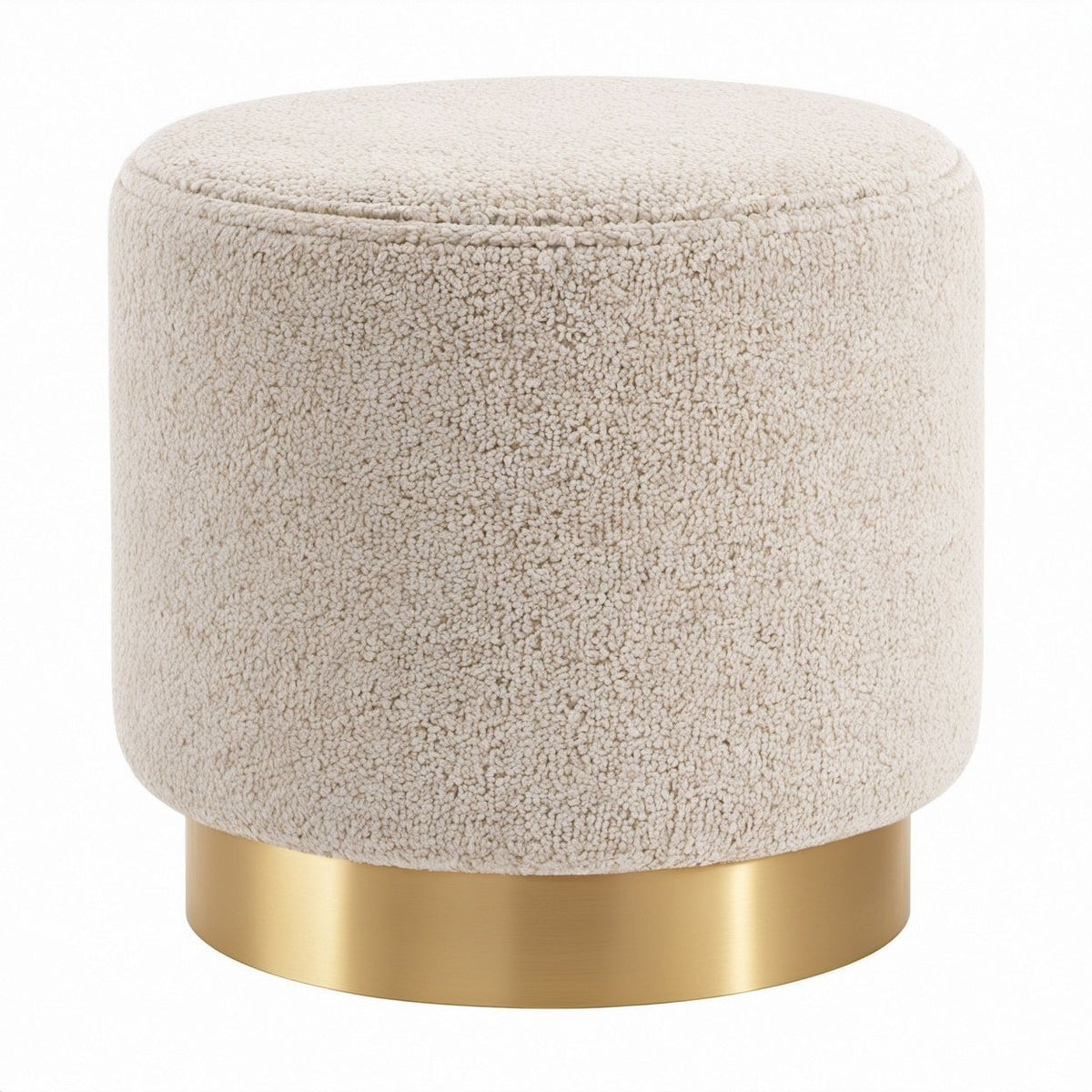 Runder Sitzhocker aus Bouclé in Creme mit Stahlsockel in Gold, Ø 40 x 45 cm
