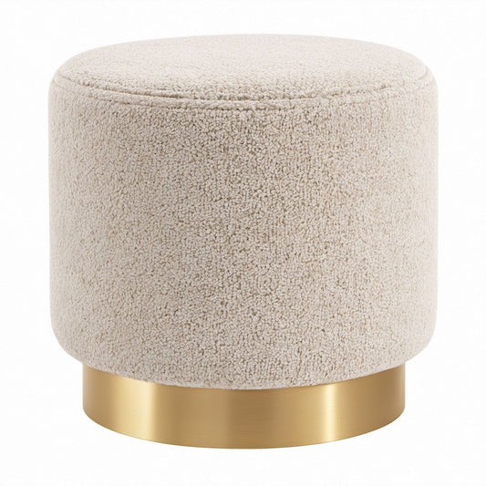 Runder Sitzhocker aus Bouclé in Creme mit Stahlsockel in Gold, Ø 40 x 45 cm