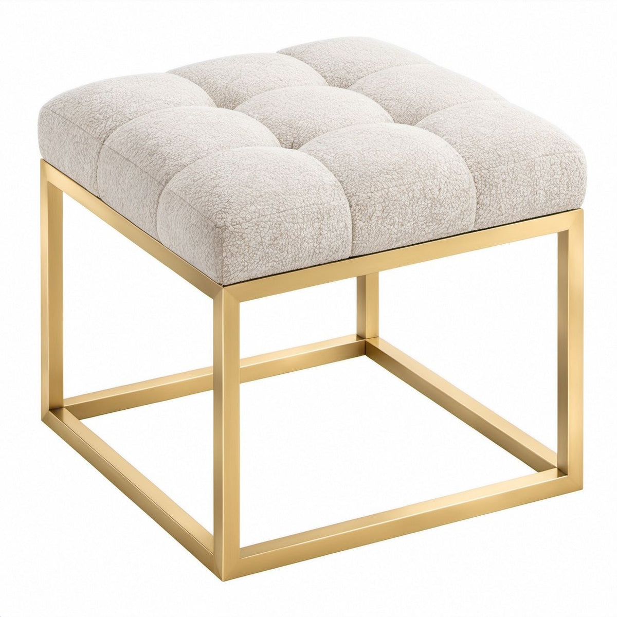 Quadratischer Polsterhocker in Cremeweiß mit goldenem Stahlgestell, 45 x 45 x 47 cm